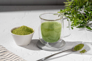 Spirulina, matcha green immunity powder. Food supplement. 