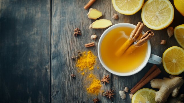 A steaming cup of ginger lemon honey tea is garnished with cinnamon sticks, set against fresh lemons and ginger on a rustic wooden surface, creating a warm atmosphere