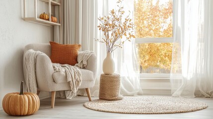 A simple, stylish room featuring neutral-colored furniture and a few autumn decor pieces, like a pumpkin and dried flowers in a vase. The space is light, airy, and exudes calmness.

