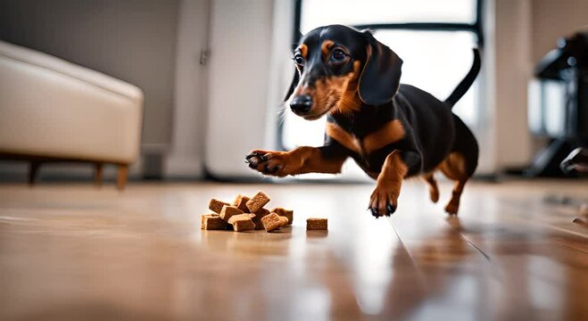 Happy dog ​​eating some dog snacks or dog treats.