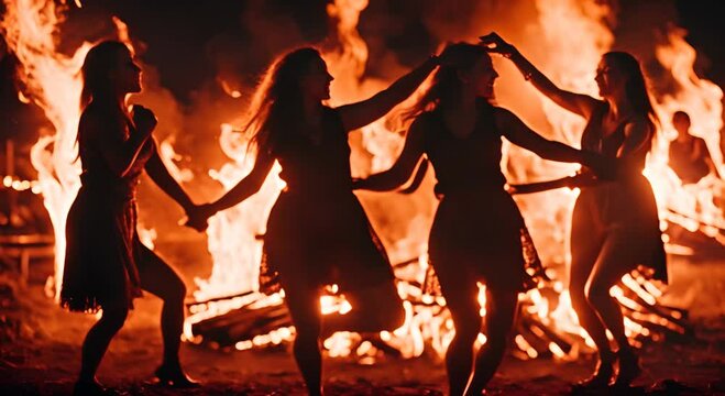 Women dancing around a campfire.