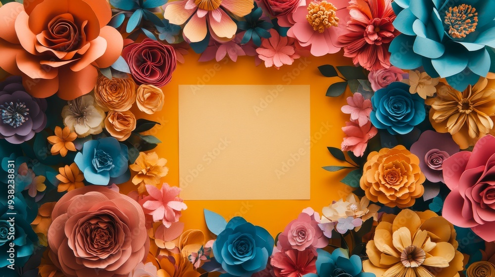 Poster handmade paper flowers in multiple vibrant colors create a beautiful border around a blank area, per