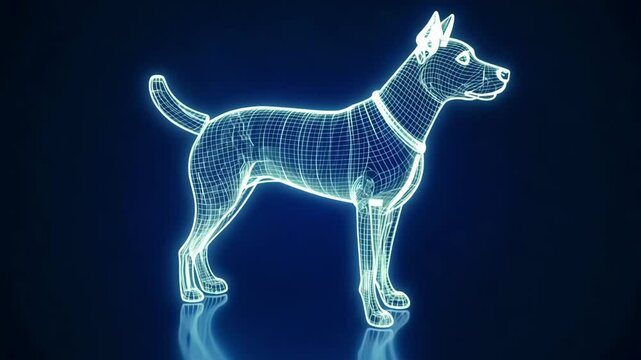 A holographic wireframe of a spinning dog with a collar, rendered in blue against a dark blue background