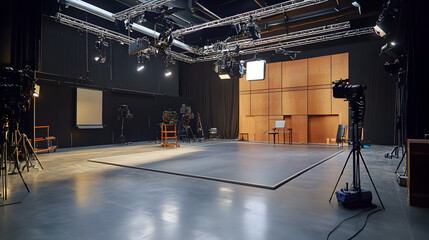 Empty television studio with lighting, cameras, and a large screen.