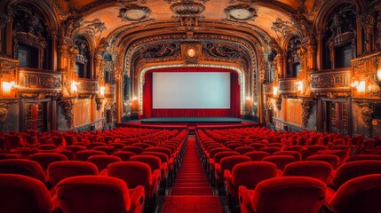 Rows of plush red velvet seats fill the opulent theater, directing attention to the large screen at the front, setting the perfect stage for an unforgettable viewing experience