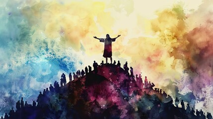 Jesus Preaching from a Mountain Top - Watercolor Painting. AI generated illustration