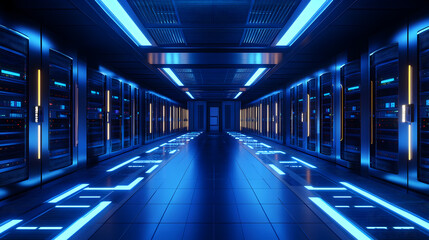 Fototapeta premium Futuristic server room with blue neon lights and rows of servers.