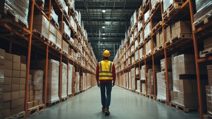 A warehouse worker wearing a hard hat and high-visibility vest is walking down an aisle lined with stacked boxes, focused on the task at hand