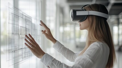 In a modern office setting, a woman uses a VR headset to manipulate a holographic blueprint, immersed in her virtual environment