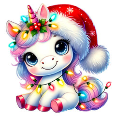 Cute Christmas Unicorns with Gifts and Decorations, Adorable Christmas-themed unicorns adorned with festive accessories, surrounded by gifts, holiday decorations, and Christmas trees
