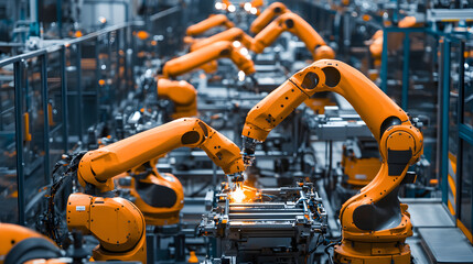 Multiple industrial robots with orange arms working on a production line.