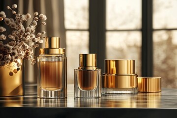 Luxurious cosmetic packaging bottles created with generative AI