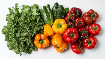 An assortment of fresh vegetables includes crisp leafy greens, colorful bell peppers, and vibrant ripe tomatoes beautifully arranged on a white surface