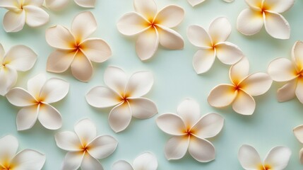 Naklejka premium Frangipani flowers are artistically arranged in a symmetrical design on a gentle background, creating a calming and beautiful display of nature's elegance