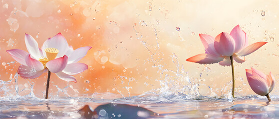 Pink lotus flower in water with splashing droplets.