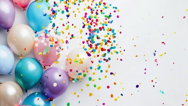 A collection of pastel colored balloons surrounded by a joyful scattering of colorful confetti, perfect for a festive occasion