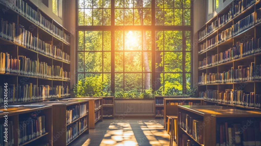 Poster sunlight streams through expansive windows, casting a warm glow on a cozy school library filled with