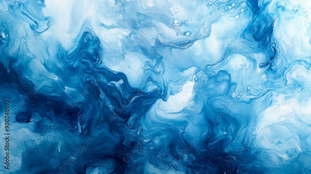 Poster rich blue watercolor tones flow and blend together in a captivating abstract artwork, creating a dyn