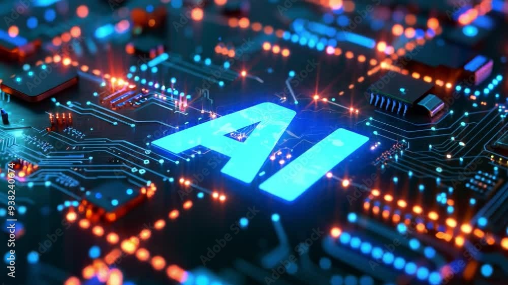Poster the circuit board showcases large, illuminated ai letters amidst intricate pathways and glowing ligh