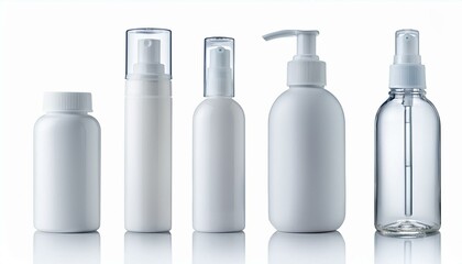 set blank templates of empty and clean white plastic containers bottles with spray, dispenser and dropper, cream jar, tube. Realistic mock-up of cosmetic.