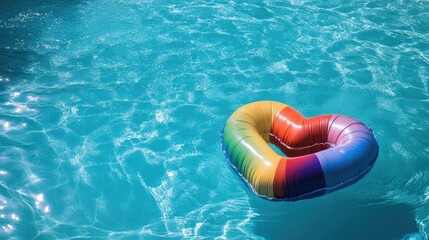 A rainbow heart pool float peacefully floating in a bright blue pool, radiating joy and inclusivity.
