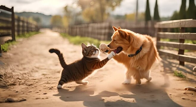 Fight between a dog and a cat.