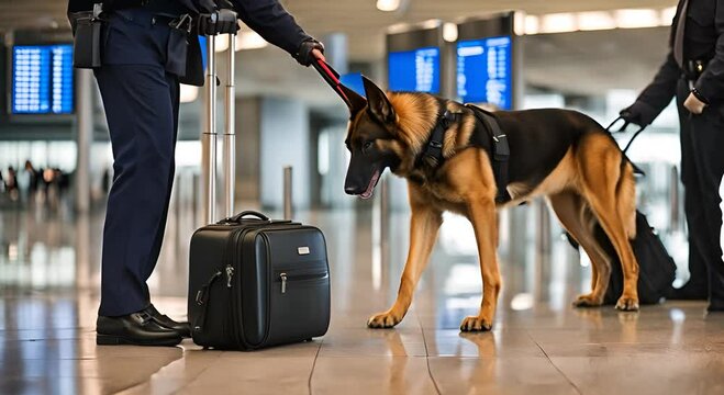 Police dog checking suitcases at the airport.