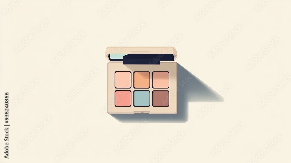 Poster a simple graphic of a makeup palette icon with clean lines and a soft color palette, centered on a p