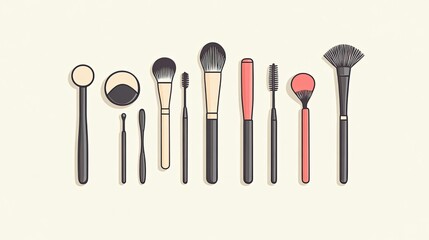 A simple, clean illustration of makeup tools like brushes, sponges, and tweezers perfectly aligned on a plain surface.