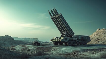 A powerful antiair missile launch system is strategically positioned on a military base, with multiple missiles ready for immediate deployment, showcasing military readiness