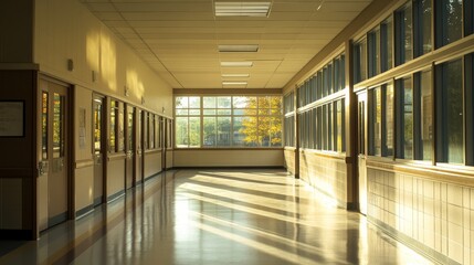 The corridor showcases several classroom doors along with large windows allowing sunlight to filter in, creating a peaceful atmosphere during an afternoon at school