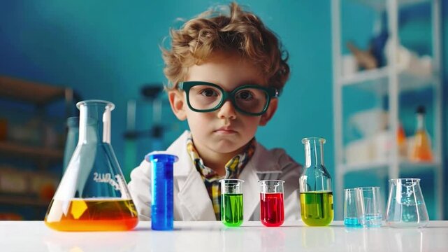 A curious child with curly hair and glasses stands at a lab table, surrounded by colorful liquids in glass beakers, engaged in an exciting science experiment
