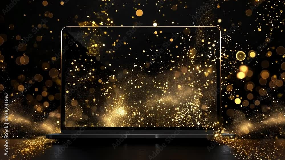 Poster golden sparkles and shimmering effects emanate from the laptop screen on black background with bokeh