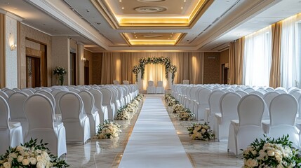 An elegantly arranged room features white chairs, floral decorations, and a stunning backdrop, creating a romantic atmosphere for a wedding ceremony in a residential complex