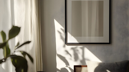 Sunlight streams through a window, casting shadows on a white wall with a framed print and a plant in the corner.