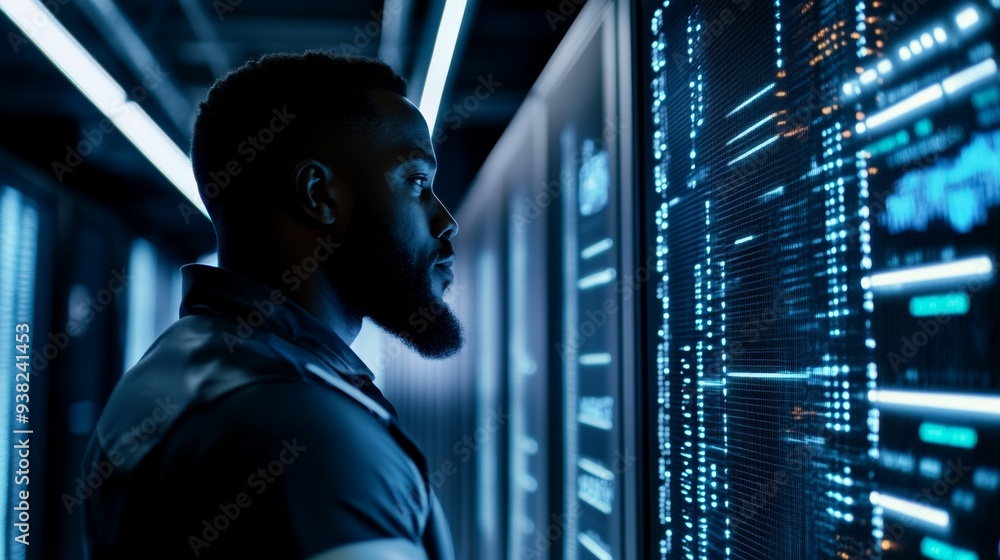 Poster a black male it specialist focuses intently on analyzing complex data displayed on multiple high-tec