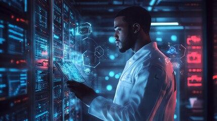 A Black African American male IT specialist is focused on analyzing data displayed on various screens in a high-tech data center, showcasing his analytical skills during evening hours