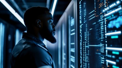A Black male IT specialist focuses intently on analyzing complex data displayed on multiple high-tech screens in a contemporary office environment