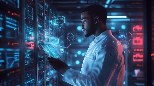 A Black African American male IT specialist is focused on analyzing data displayed on various screens in a high-tech data center, showcasing his analytical skills during evening hours - Powered by Adobe