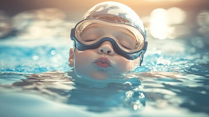 Naklejka premium A young swimmer in a cap and goggles, kissing the water during a fun and educational swimming lesson.