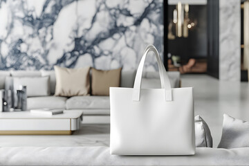 Obraz premium White leather tote bag on a white couch in a modern living room with marble wall and beige pillows.