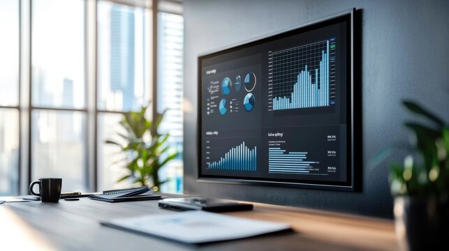 A modern meeting room features a large screen displaying simple yet effective line charts and bar graphs in a minimalist color palette of grays, blacks, and one accent color.