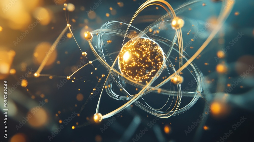 Poster abstract representation of atomic particles with minimalist electron orbits, showcasing the beauty o