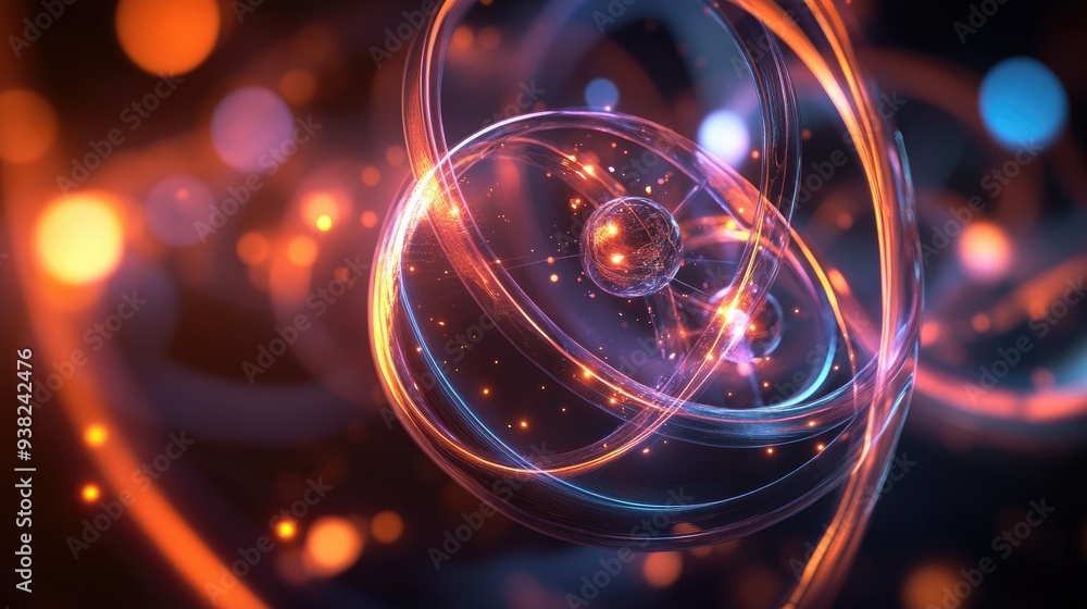 Poster abstract representation of atomic particles with minimalist electron orbits, showcasing the beauty o
