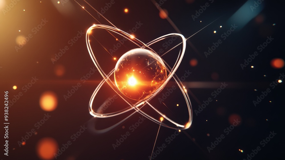 Poster abstract representation of atomic particles with minimalist electron orbits, showcasing the beauty o
