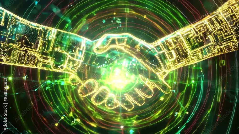 Poster pair of hands made of digital circuits, come together in handshake representing fusion of technology