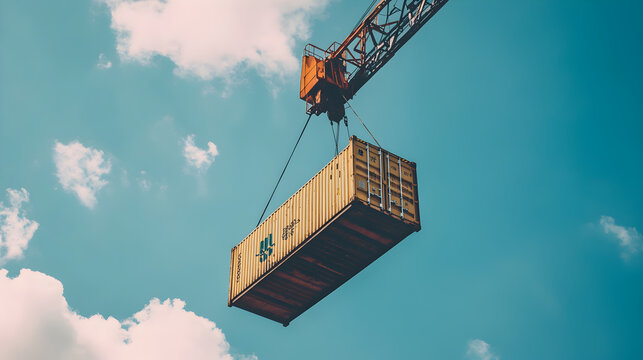 A crane lifts a shipping container against a blue sky with white clouds.