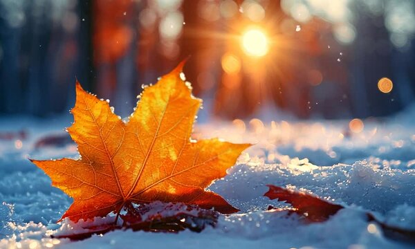 A single golden leaf sits atop the snow in a forest
