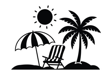Vector art of a beach scene with sun and palm tree, perfect for summer-themed designs.
