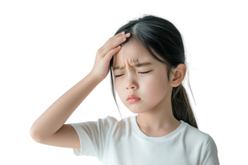 Asian girl suffering with a painful headache on transparent background